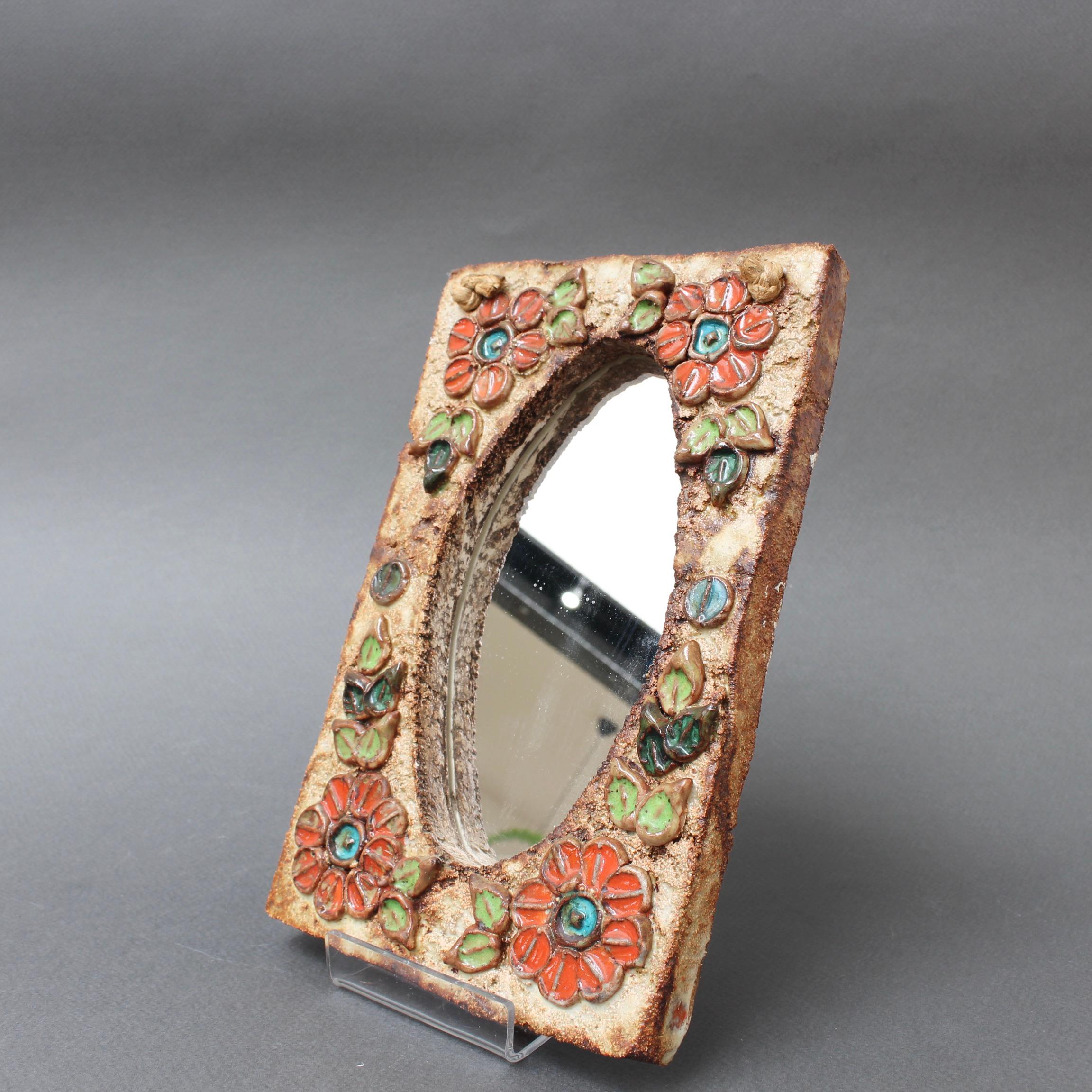 Ceramic Flower-Motif Wall Mirror by La Roue, Vallauris, France, circa 1960s In Good Condition In London, GB