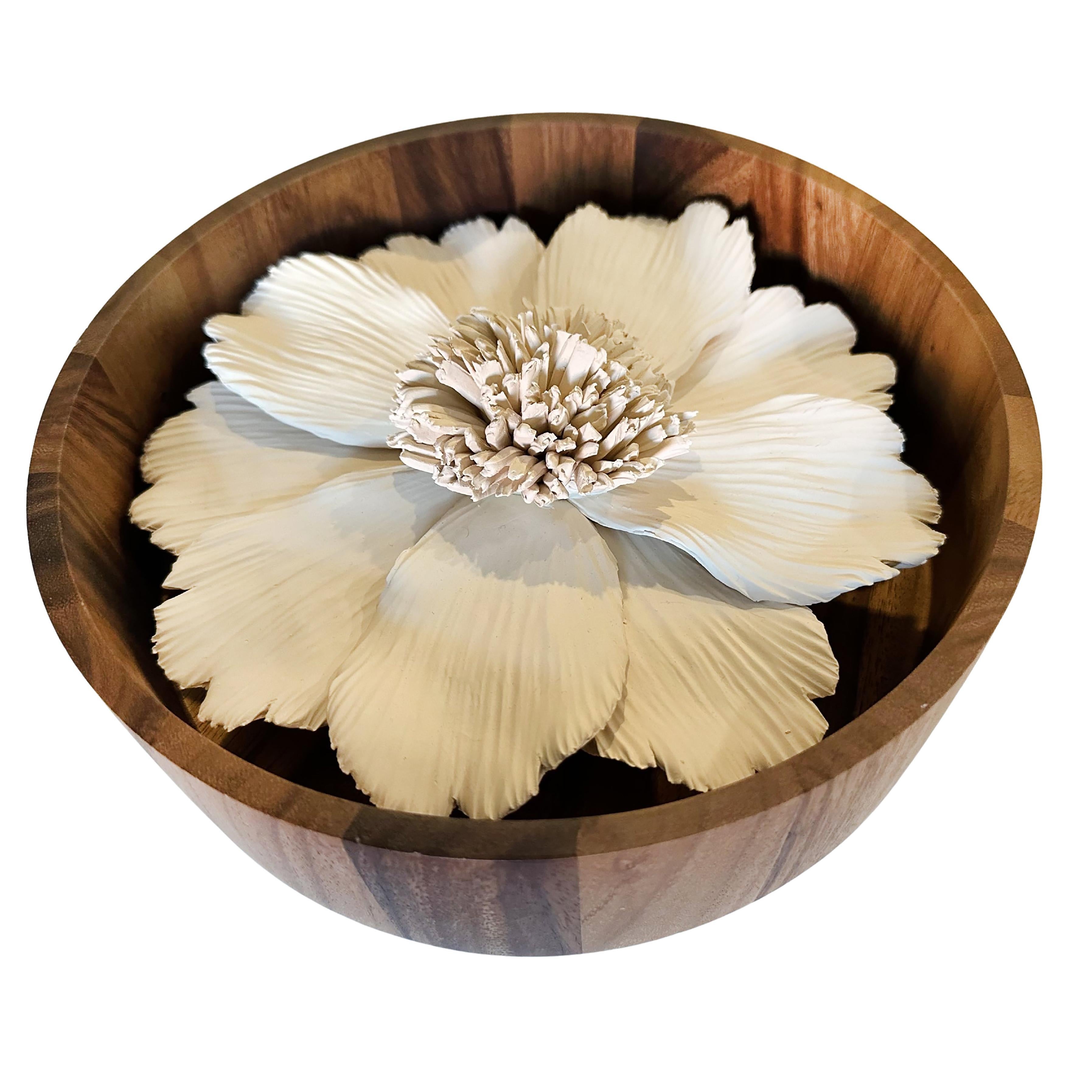Ceramic Flower Sculpture in a Circular Wood Frame For Sale