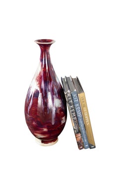 Ceramic Fluted Variegated Vase in Ox-blood and Pink Drip Glaze