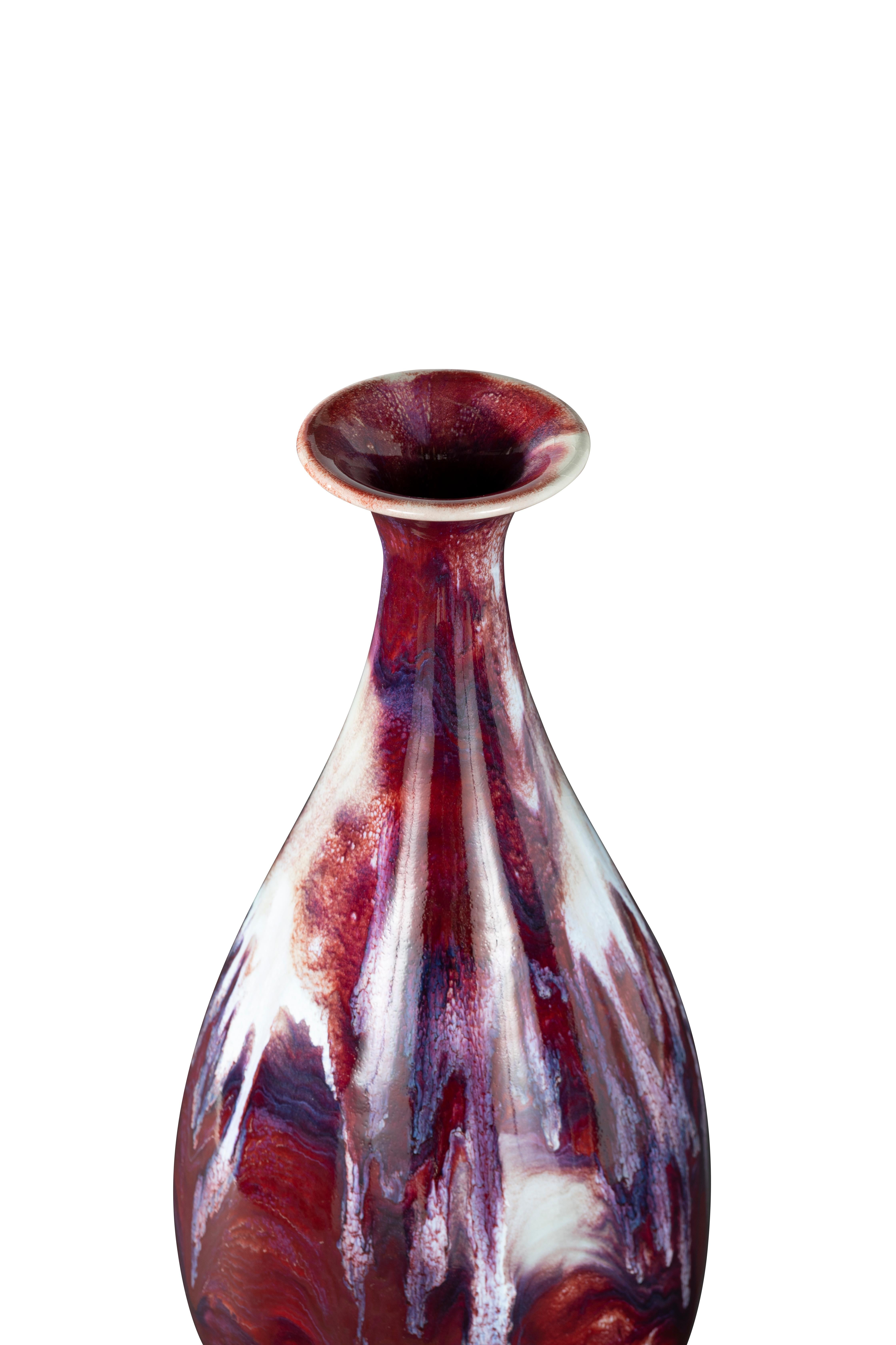 Art Deco Ceramic Fluted Variegated Vase in Ox-blood and Pink Drip Glaze For Sale