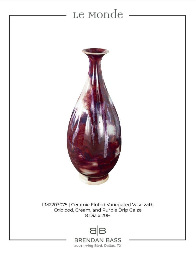 Mid-20th Century Ceramic Fluted Variegated Vase in Ox-blood and Pink Drip Glaze For Sale