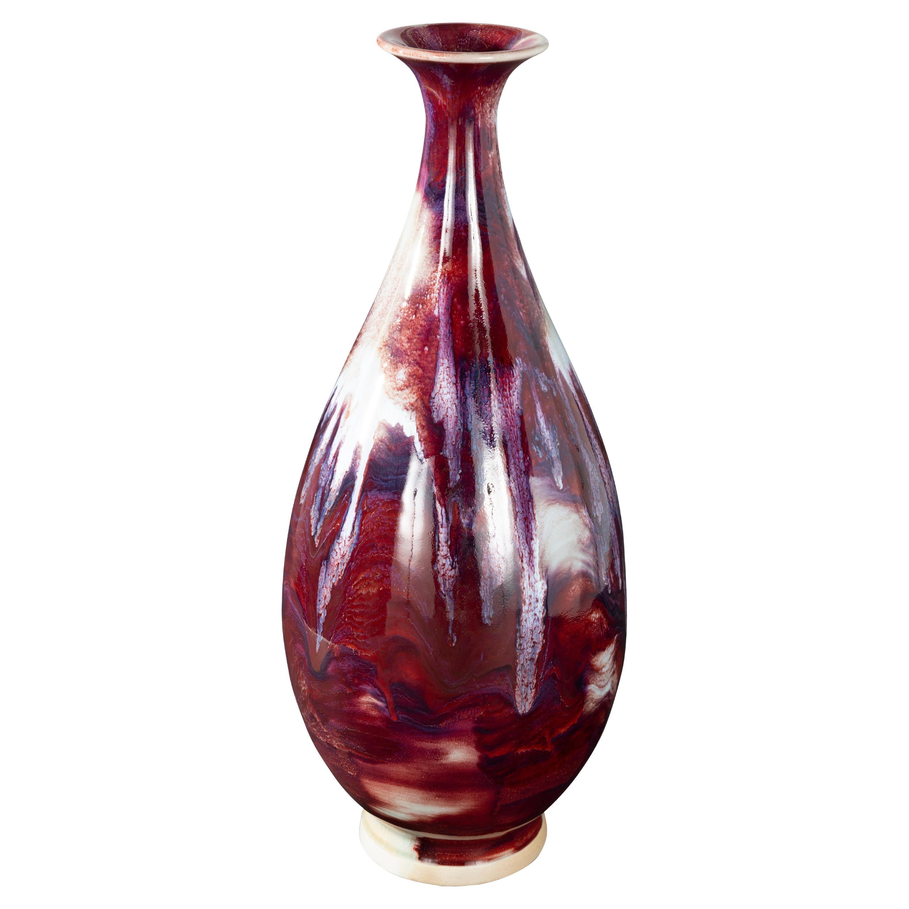 Ceramic Fluted Variegated Vase in Ox-blood and Pink Drip Glaze For Sale