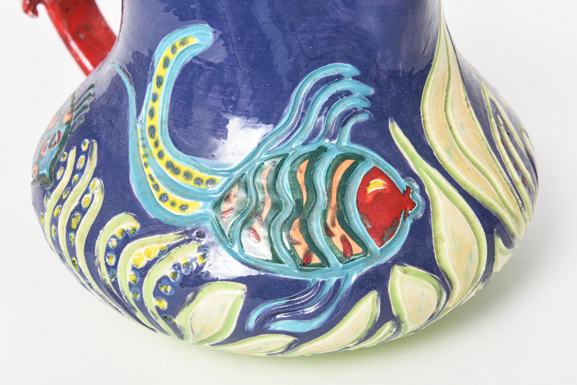 Ceramic Folk Art Pottery Lobster Fish Sealife Under the Sea Pitcher In Good Condition For Sale In Miami Beach, FL