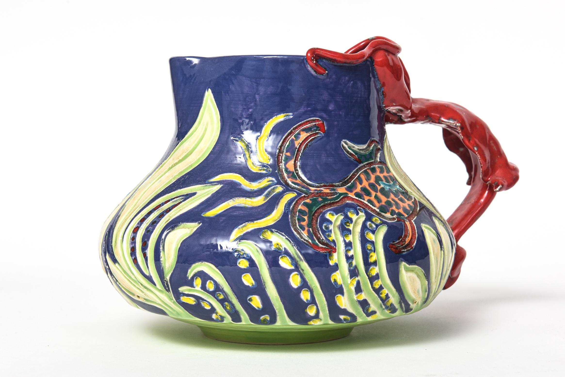 20th Century Ceramic Folk Art Pottery Lobster Fish Sealife Under the Sea Pitcher For Sale