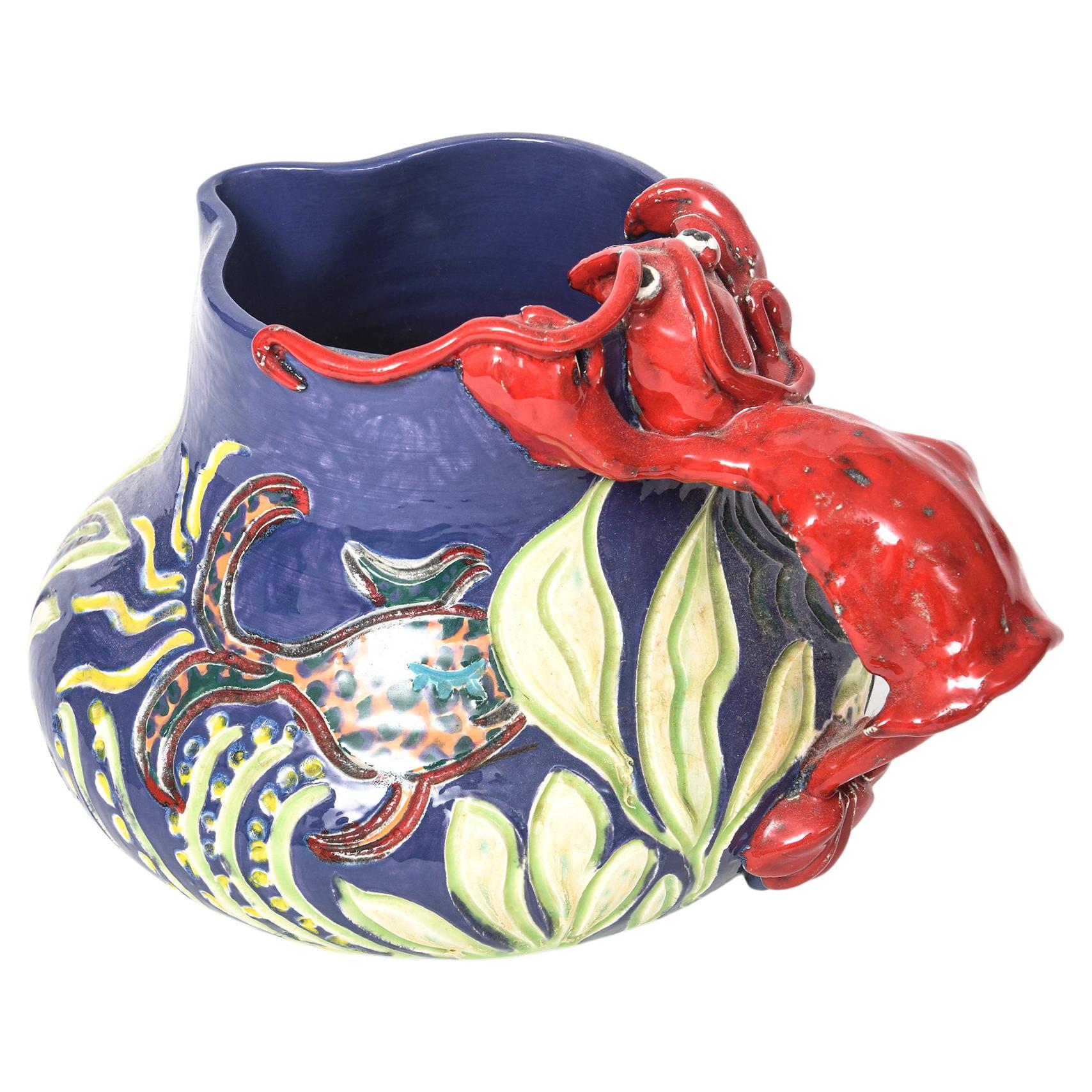 Ceramic Folk Art Pottery Lobster Fish Sealife Under the Sea Pitcher For Sale