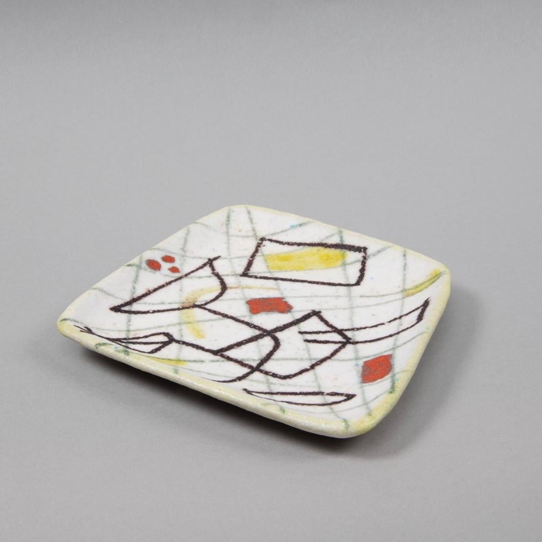 Freeform ceramic plate, hand painted abstract decor in green, yellow, red and black
Signed Guido Gambone and donkey Mark,
circa 1950-1960

About Guido Gambone
Guido Gambone (1909 Montella IT - 1969 Firenze IT) Guido Gambone is considered as one