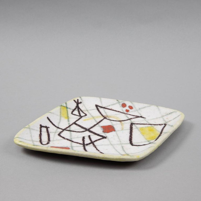 Mid-Century Modern Ceramic Freeform Plate by Guido Gambone Abstract Hand Painted Decor For Sale