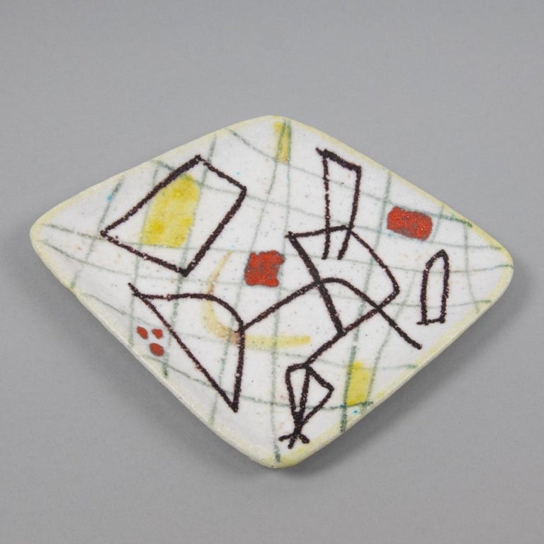 Italian Ceramic Freeform Plate by Guido Gambone Abstract Hand Painted Decor For Sale
