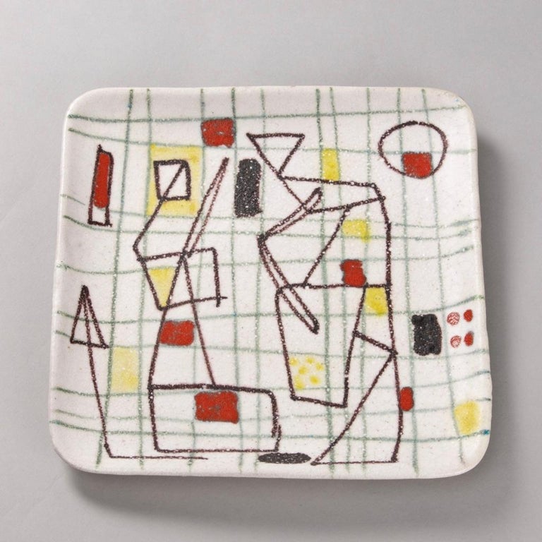 Italian Ceramic Freeform Plate by Guido Gambone Abstract Hand Painted Decor For Sale