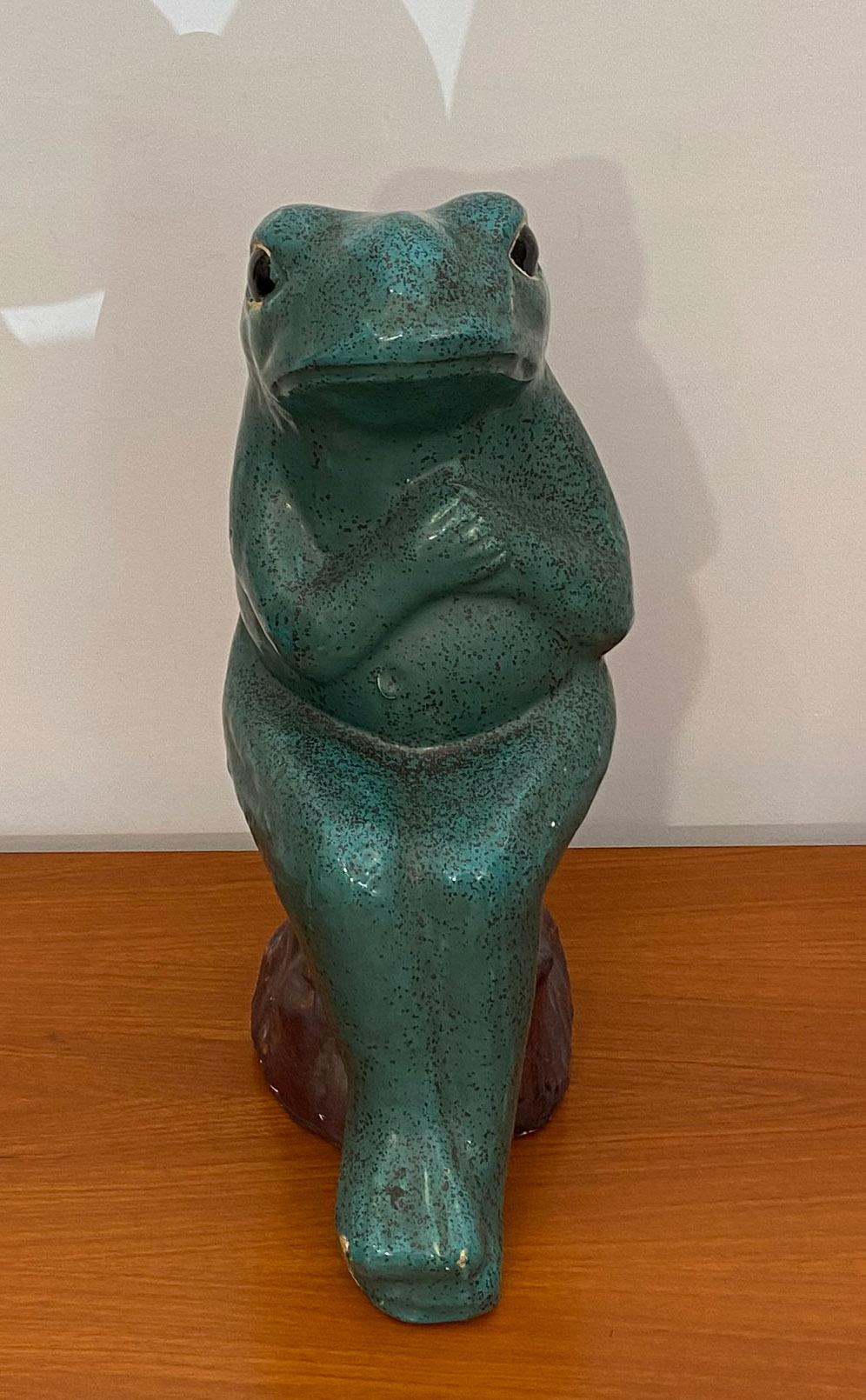 Mid-Century Modern Ceramic Frog Sitting on a Trunk, r Jerome Massier Style, 1960s