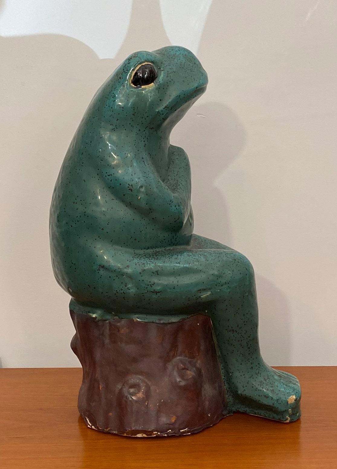 Italian Ceramic Frog Sitting on a Trunk, r Jerome Massier Style, 1960s