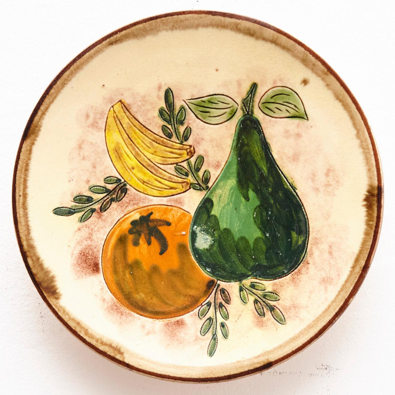 Hand-Painted Ceramic Fruit Plate, circa 1950 For Sale