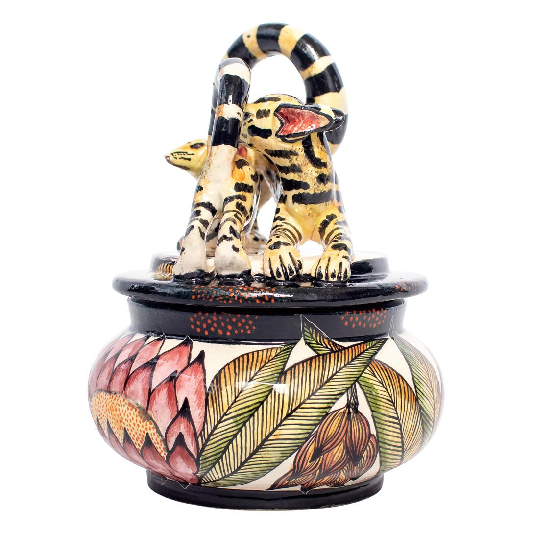 Fired Ceramic  Genet Cat  Jewelry Box  , hand made in South Africa For Sale