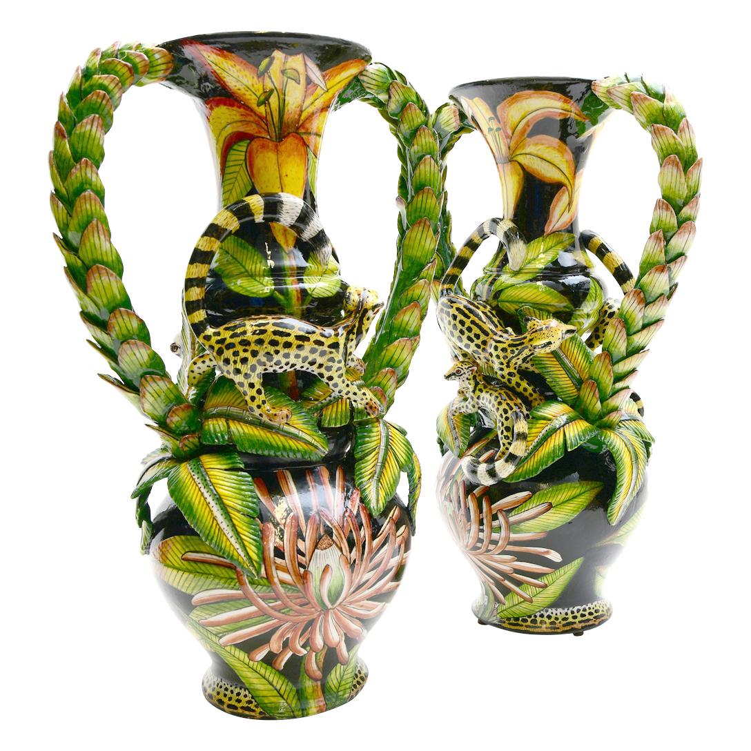 Ceramic Genet Cat Vase Pair , hand made in South Africa In Excellent Condition In North Miami, FL