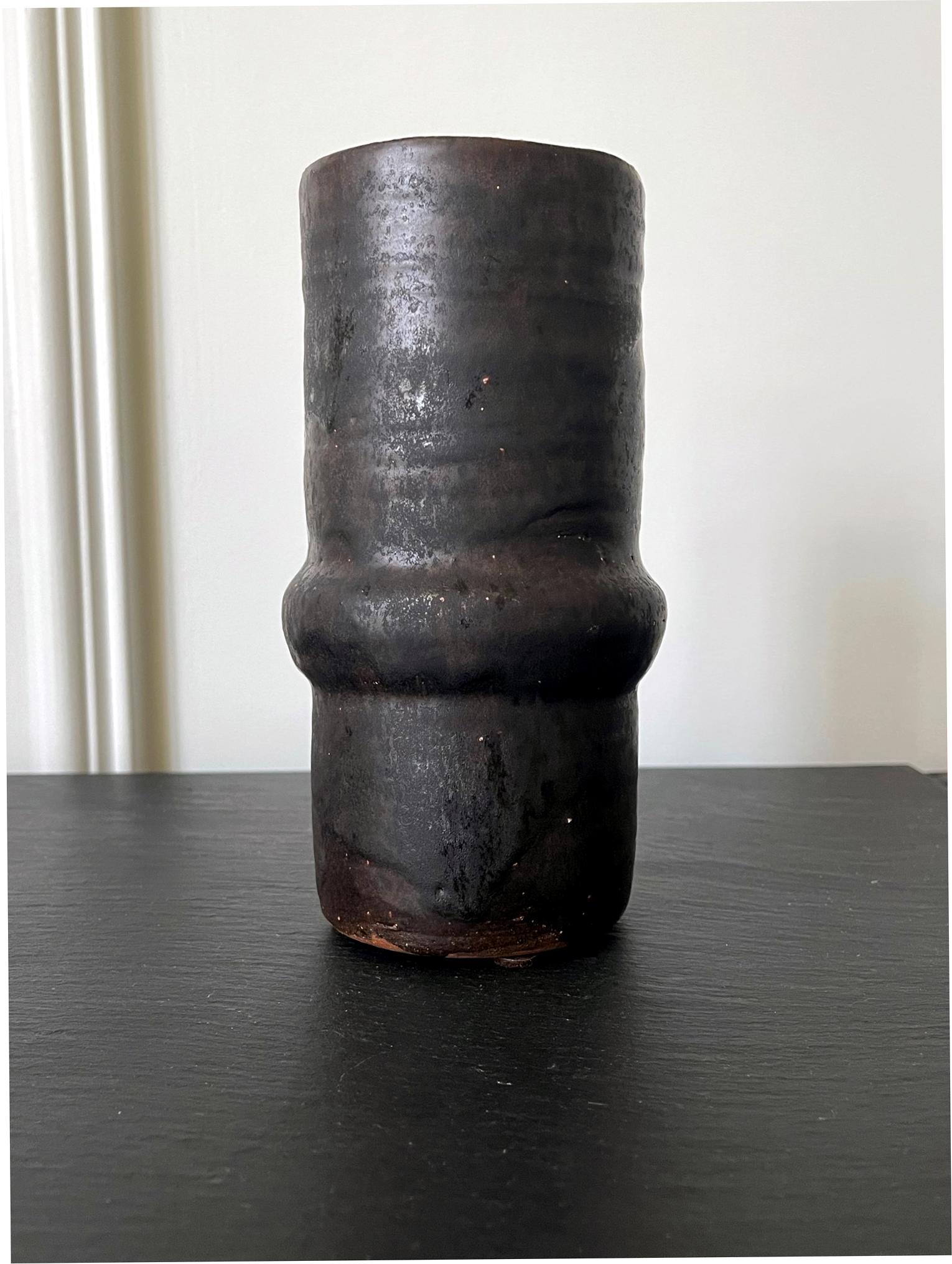 Modern Ceramic Geometrical Vase with Black Metallic Glaze Beatrice Wood For Sale