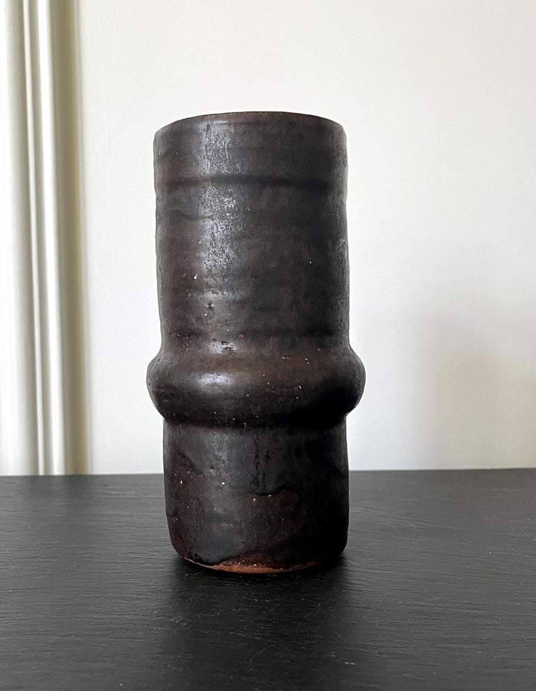 Glazed Ceramic Geometrical Vase with Black Metallic Glaze Beatrice Wood For Sale