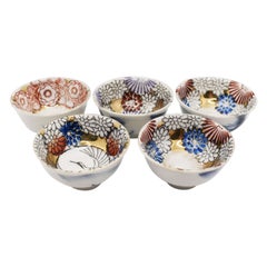 Antique Ceramic Gilt Japanese Sake Cups or Miniature Salt Bowls a Set of Five, Japan