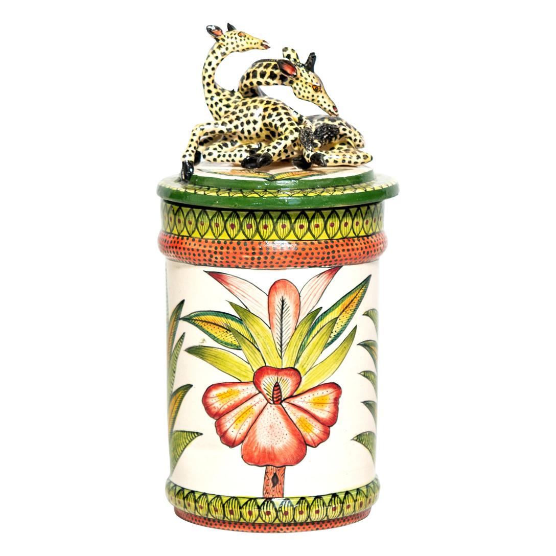 Hand-Painted Ceramic Giraffe Cookie Jar Hand Made In South Africa For Sale