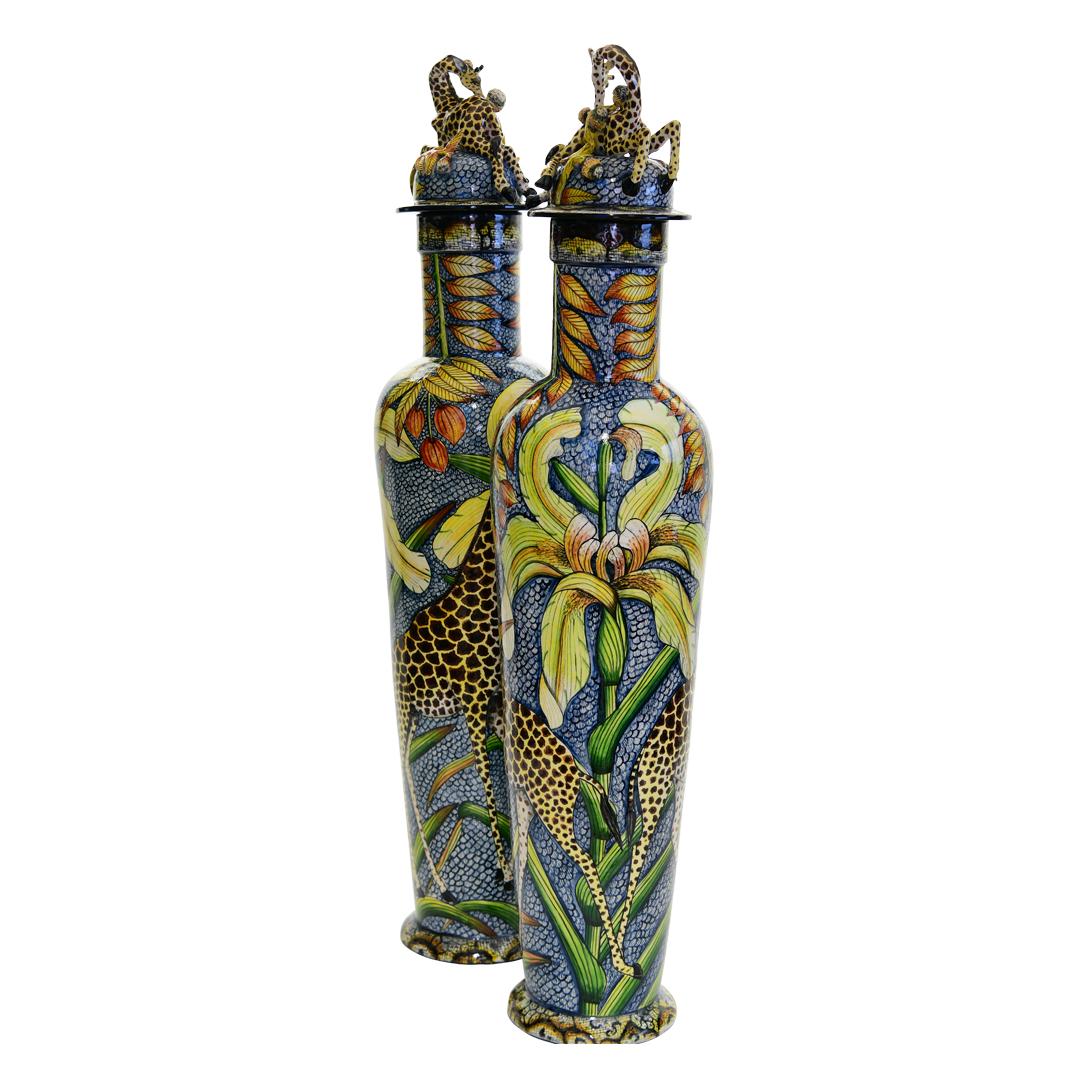 South African Ceramic Giraffe Urn Pair , hand made in South Africa