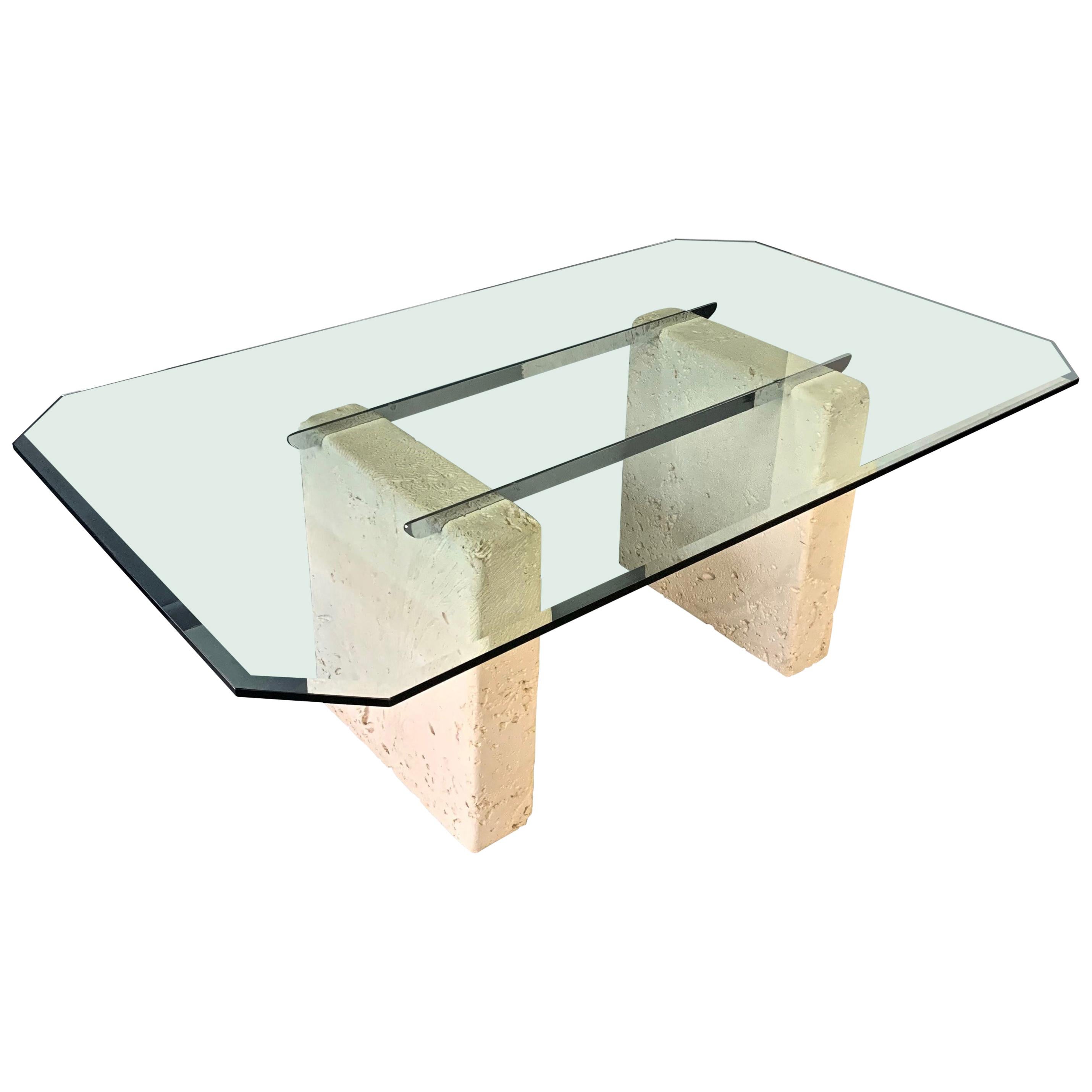 Table de salle à manger en céramique, verre et chrome à motif corail postmoderne