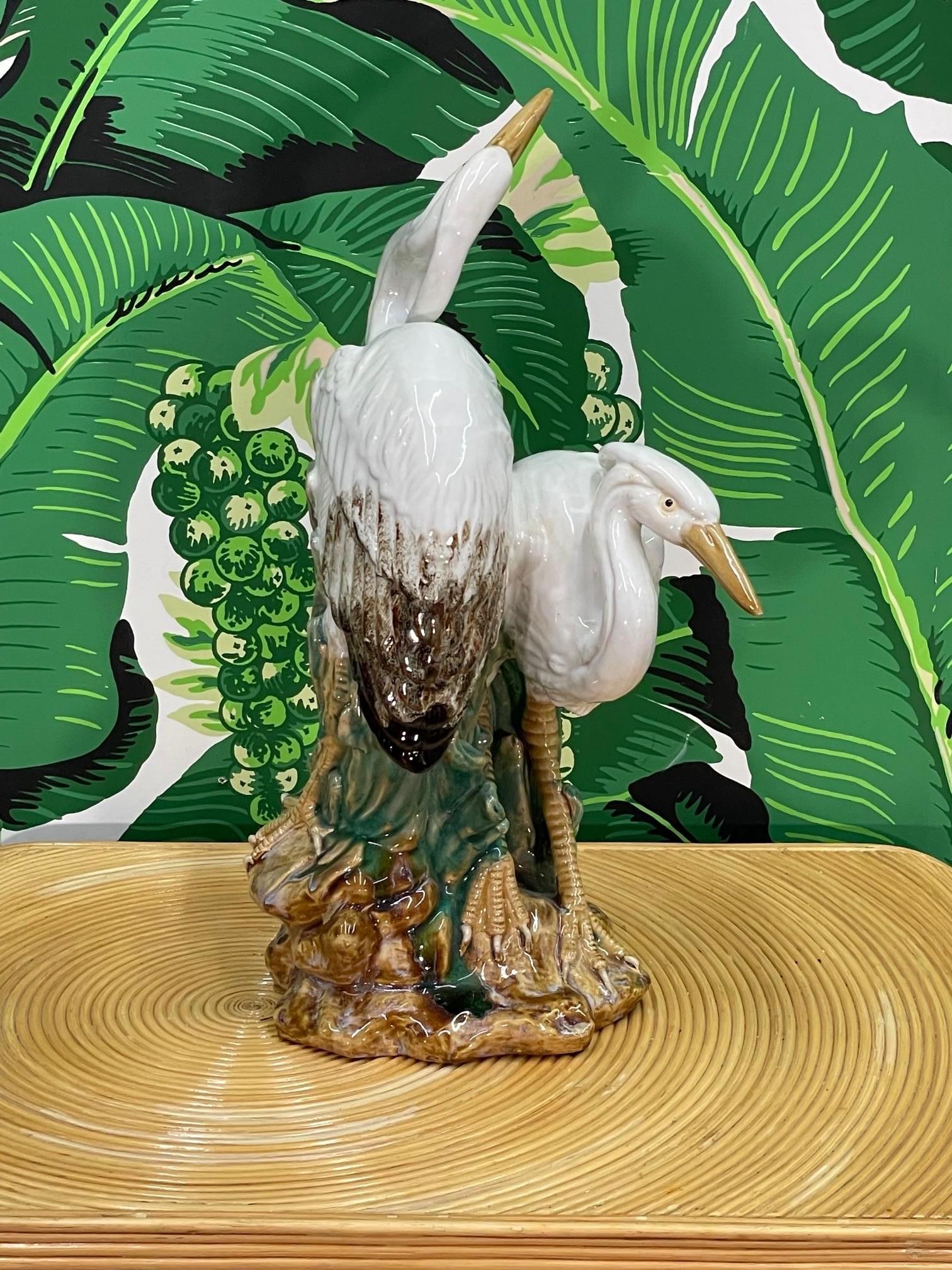 Hollywood Regency Ceramic Glazed Egret Statue