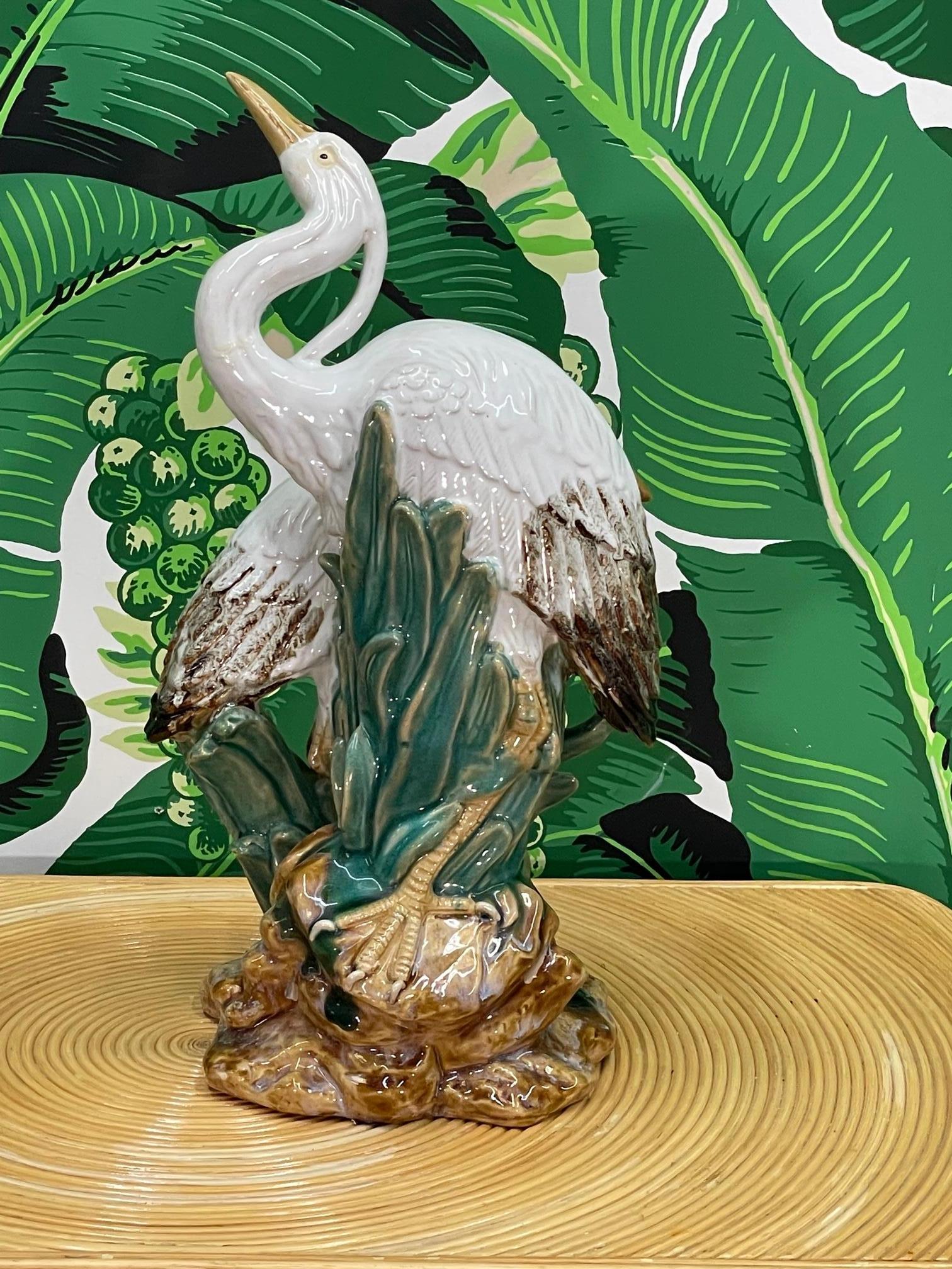 Ceramic Glazed Egret Statue In Good Condition In Jacksonville, FL