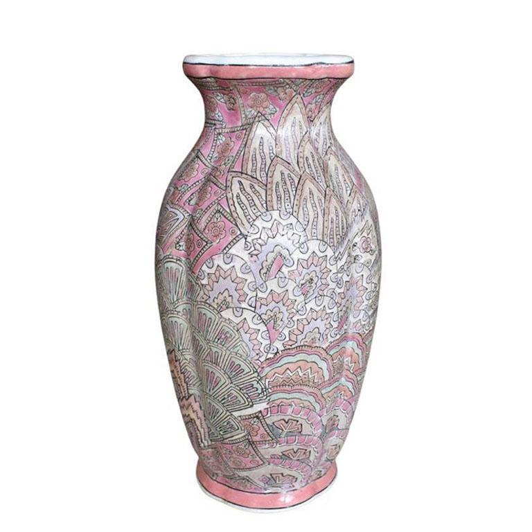 Hong Kong Ceramic Glazed Famille Rose Pink Flame Stich Pattern Chinoiserie Vase For Sale