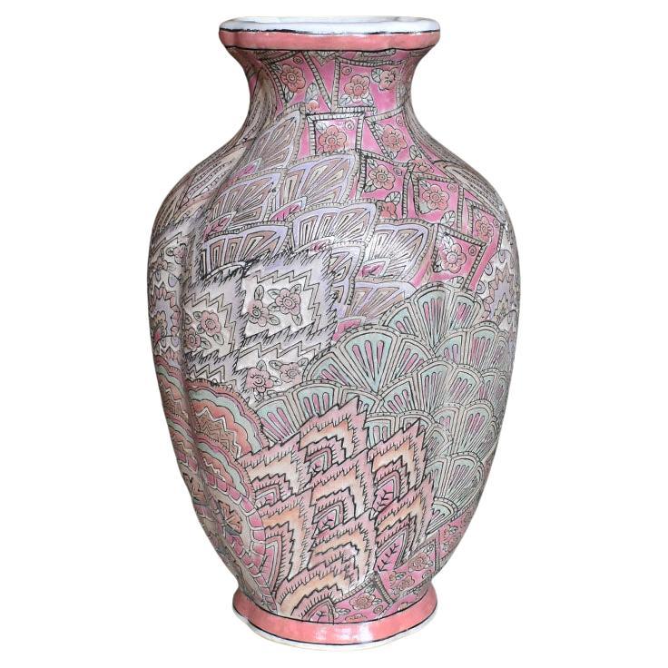 Ceramic Glazed Famille Rose Pink Flame Stich Pattern Chinoiserie Vase For Sale