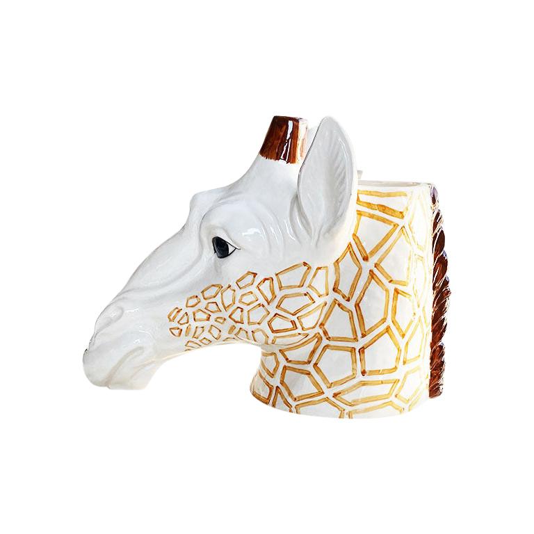Vase ou jardinière à tête d'animal girafe peint à la main en céramique émaillée en vente
