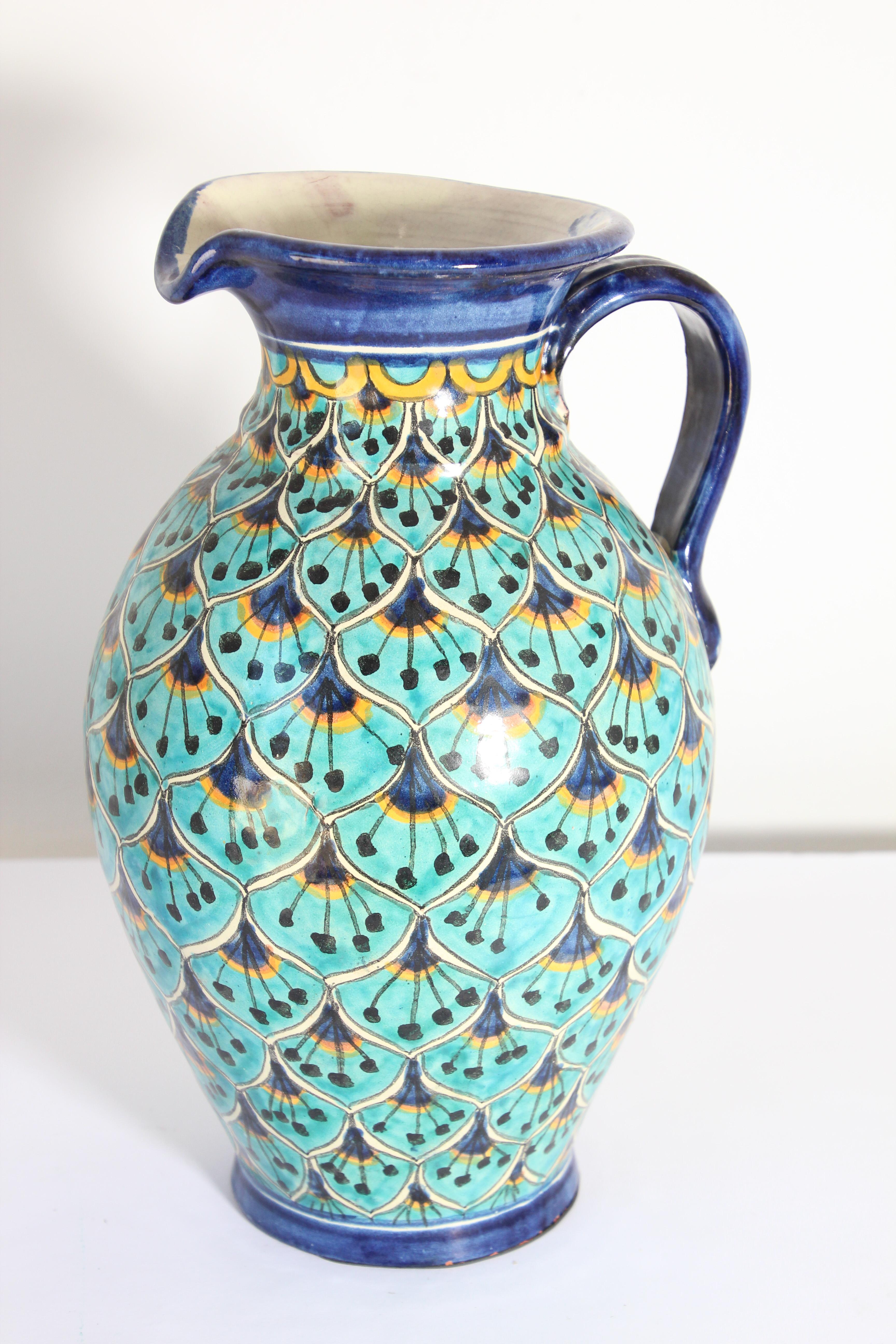 Spanish Ceramic Glazed Talavera Moorish Pitcher Vase Handcrafted in Spain