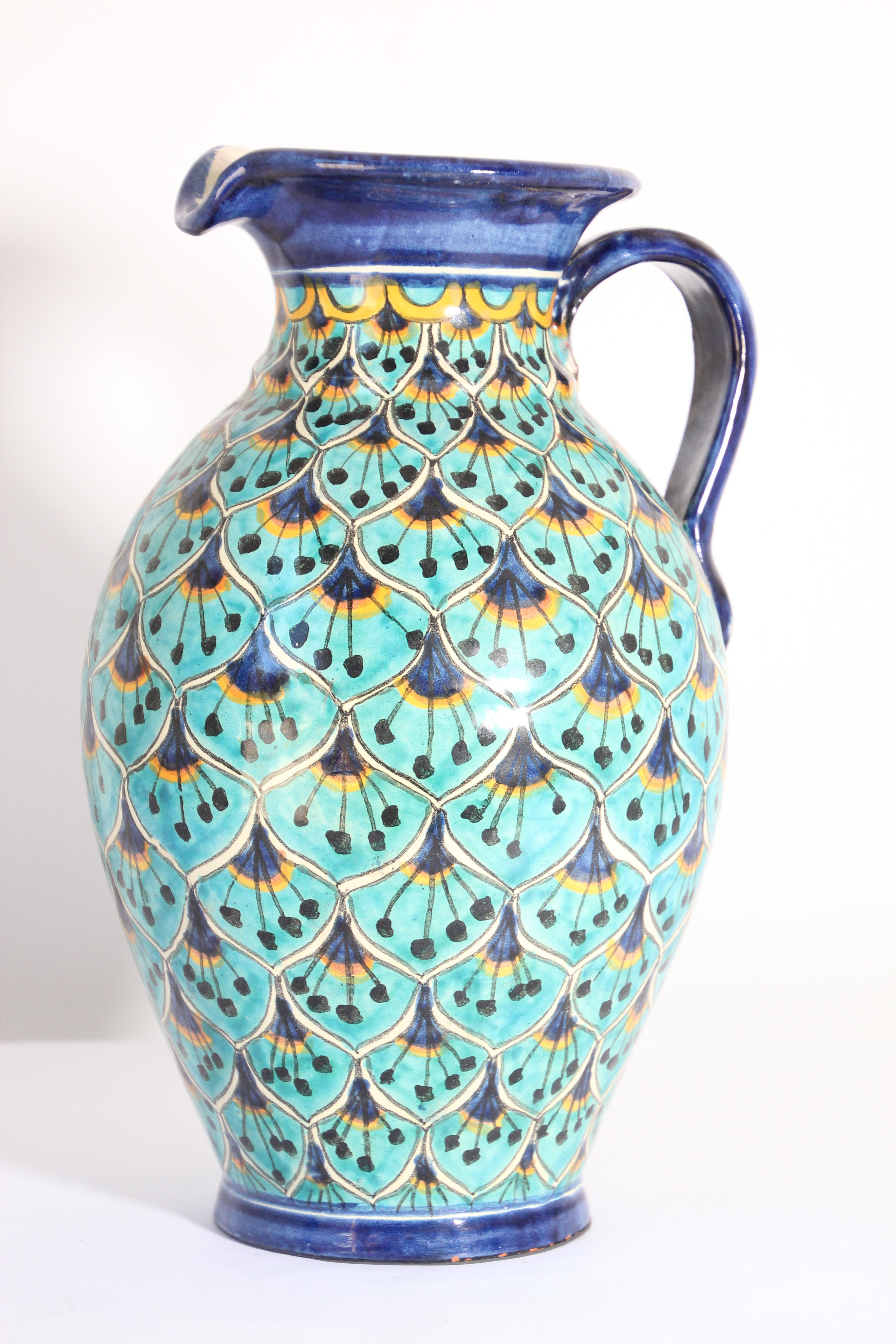 20th Century Ceramic Glazed Talavera Moorish Pitcher Vase Handcrafted in Spain