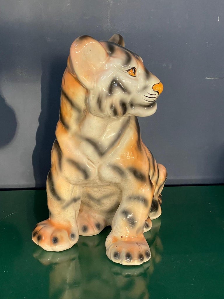 Ceramic Glazed Tiger Cub Statue For Sale at 1stDibs