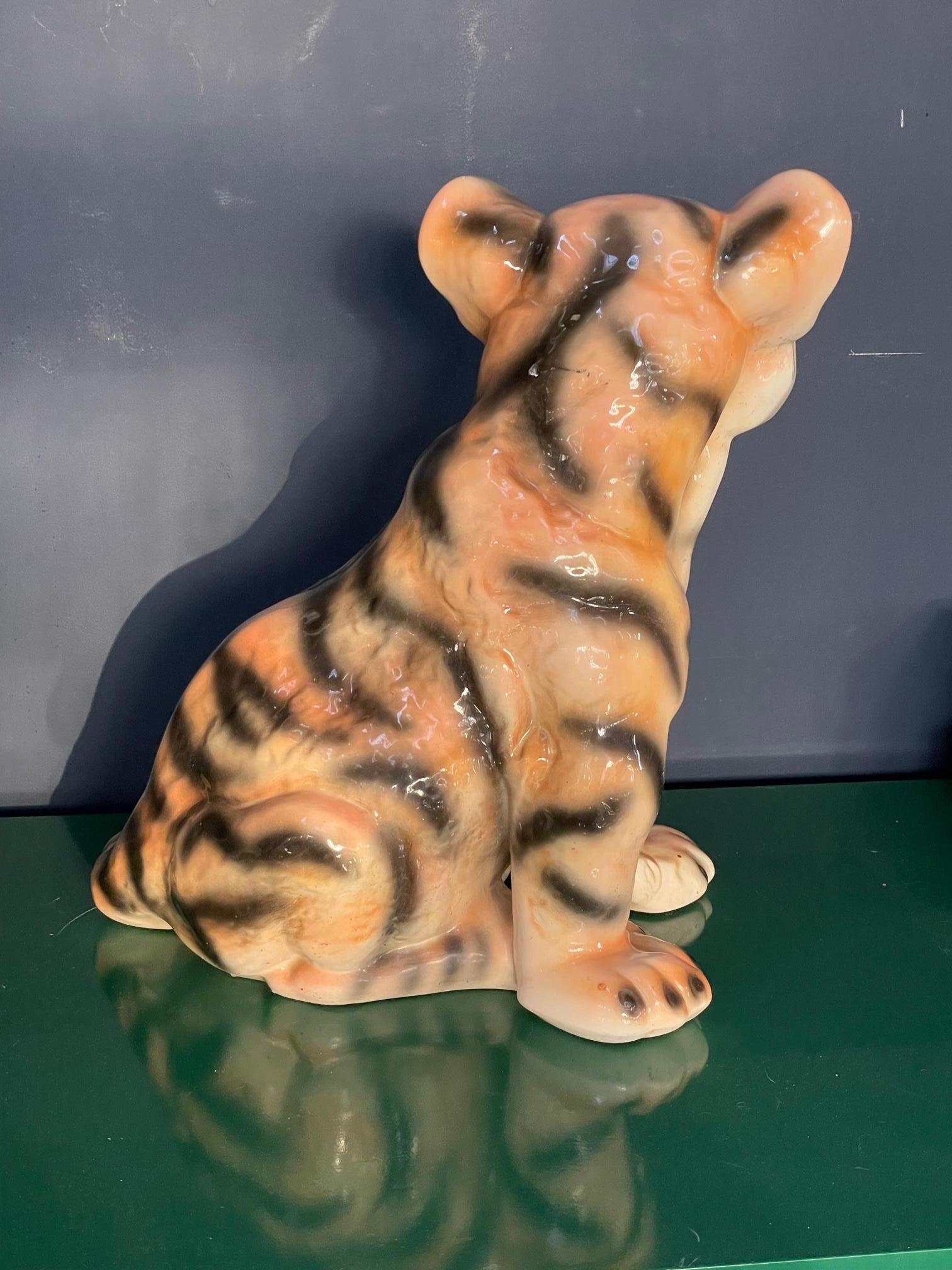Hollywood Regency Ceramic Glazed Tiger Cub Statue For Sale