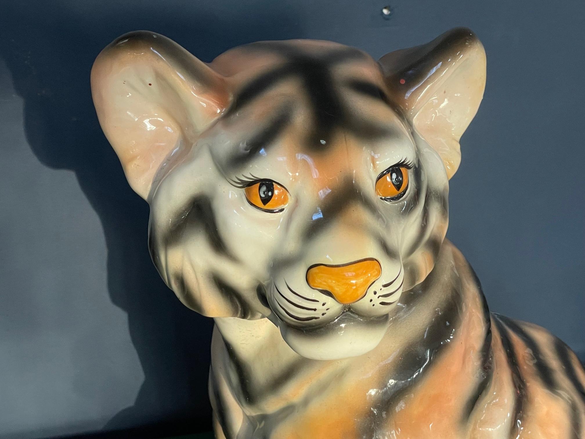 Ceramic Glazed Tiger Cub Statue For Sale 1