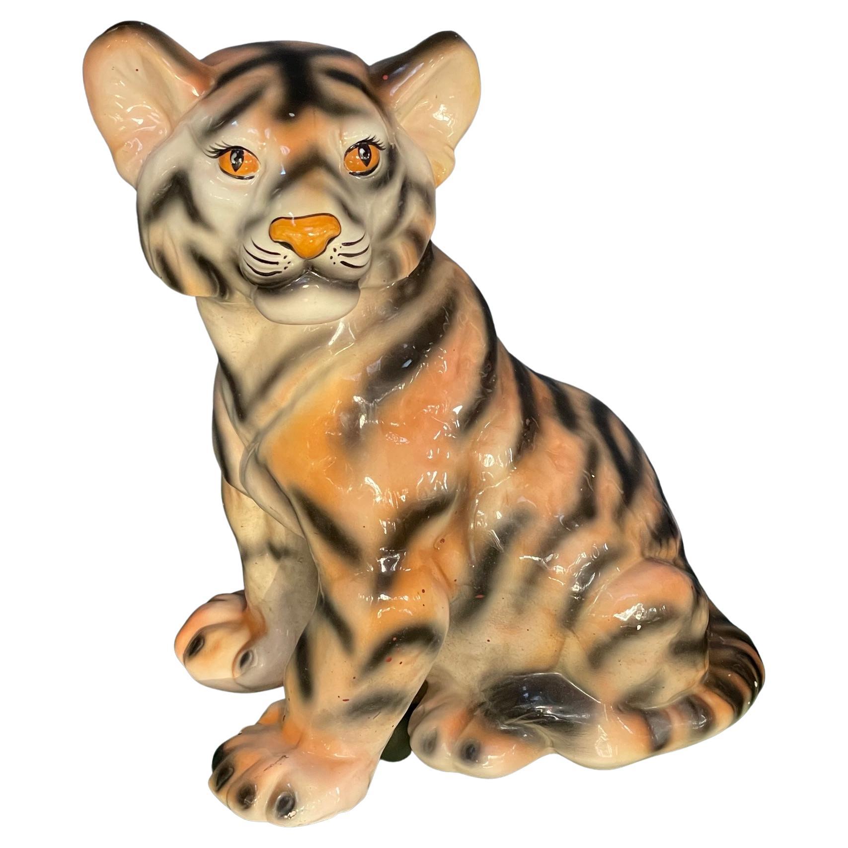 Ceramic Glazed Tiger Cub Statue For Sale