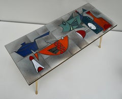 Ceramic Glazed Tiles Coffee Table Decorated with Fish and Bottles