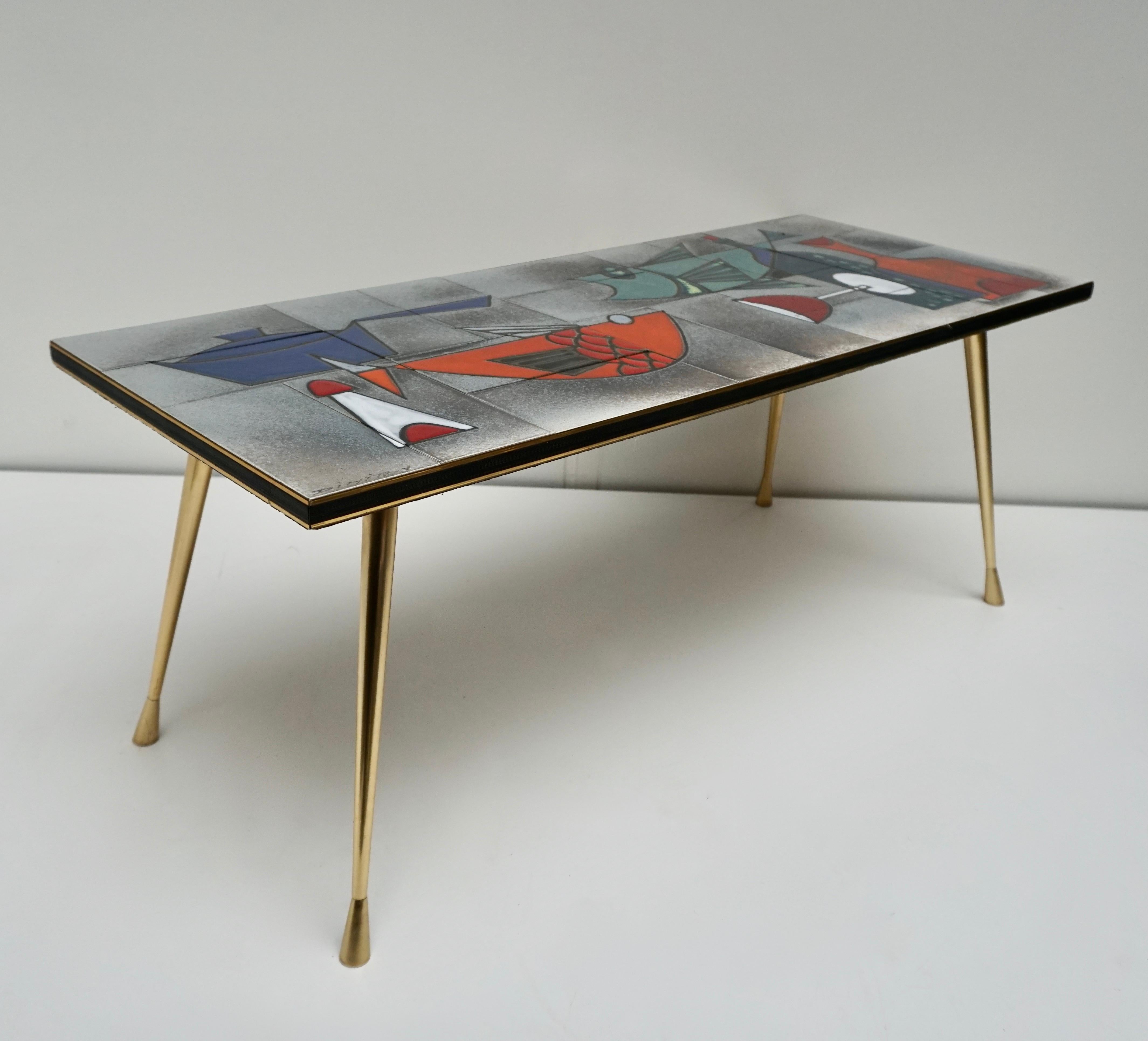 Mid-Century Modern Ceramic Glazed Tiles Coffee Table Decorated with Fish and Bottles For Sale