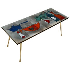 Ceramic Glazed Tiles Coffee Table Decorated with Fish and Bottles