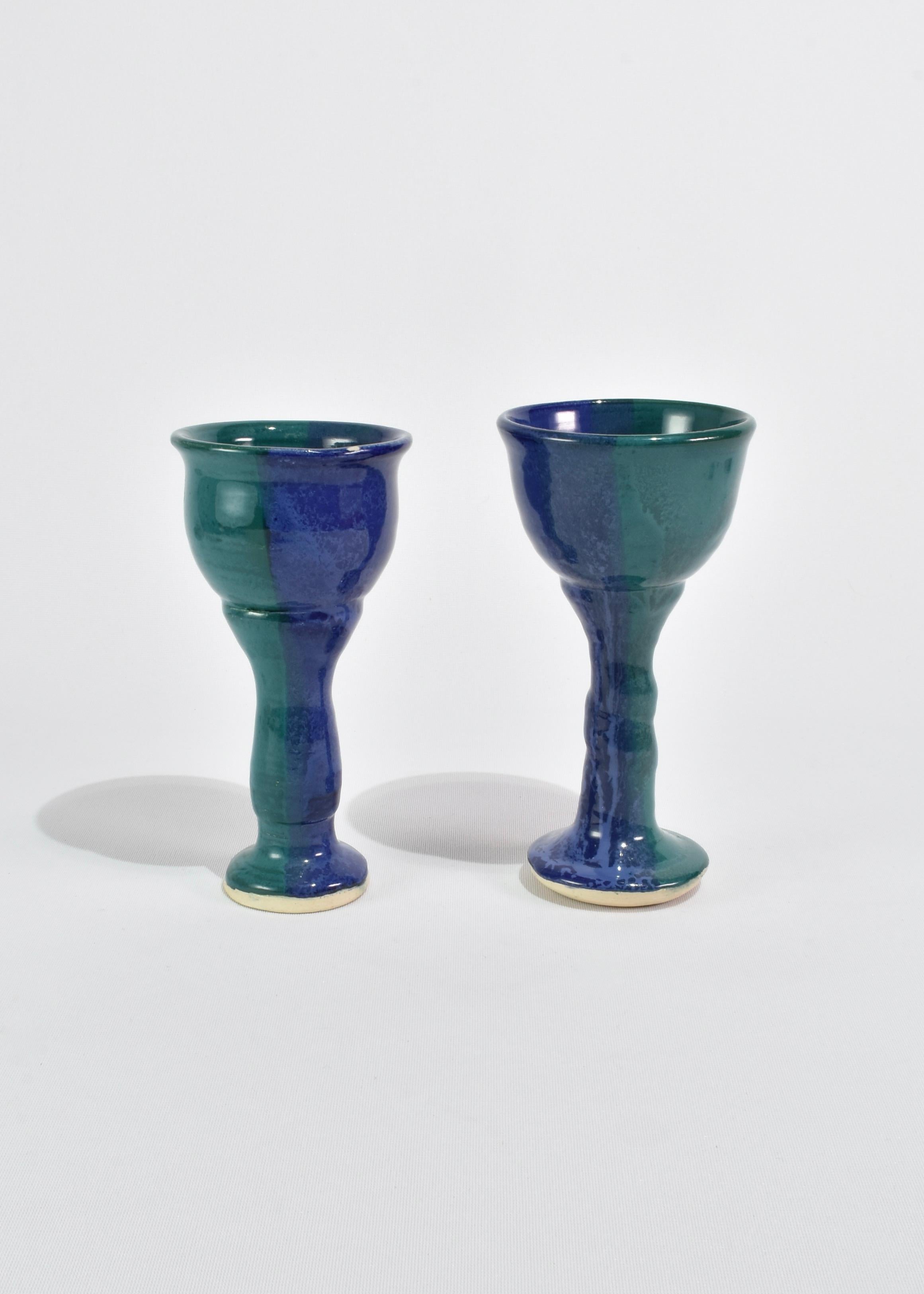 Vintage handmade ceramic goblet set of two in teal and blue.