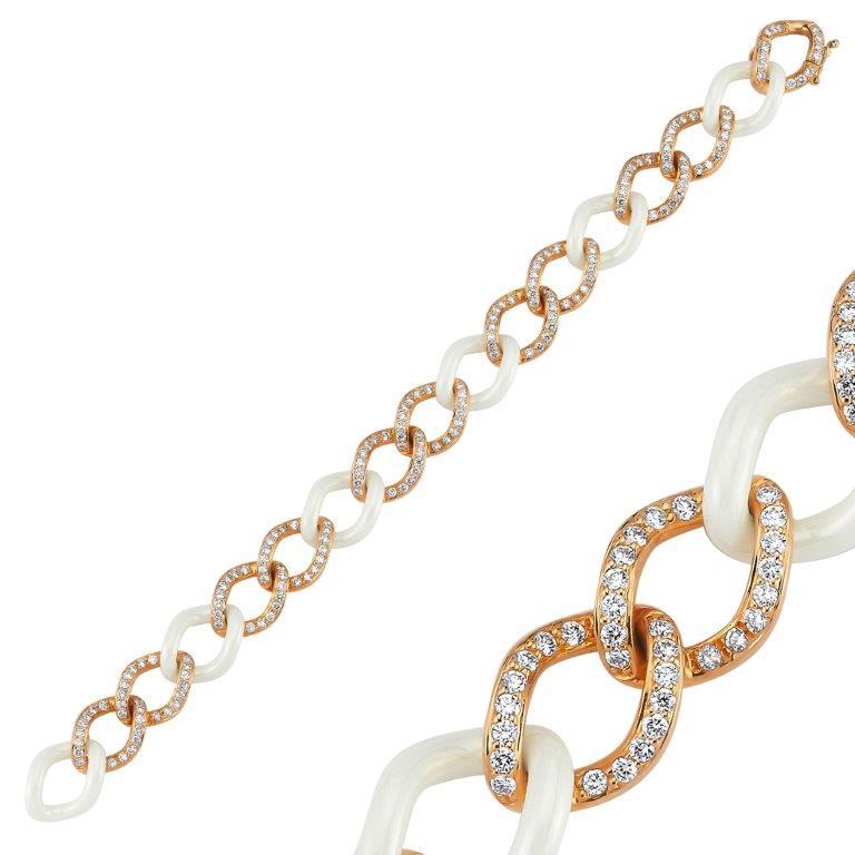 It is one of the most unique piece in our collection.
This bracelet consists of ceramic and 18k rose gold with 2,95ct diamonds on it. 
It is suitable both for daily use and for stylish occasions. 
