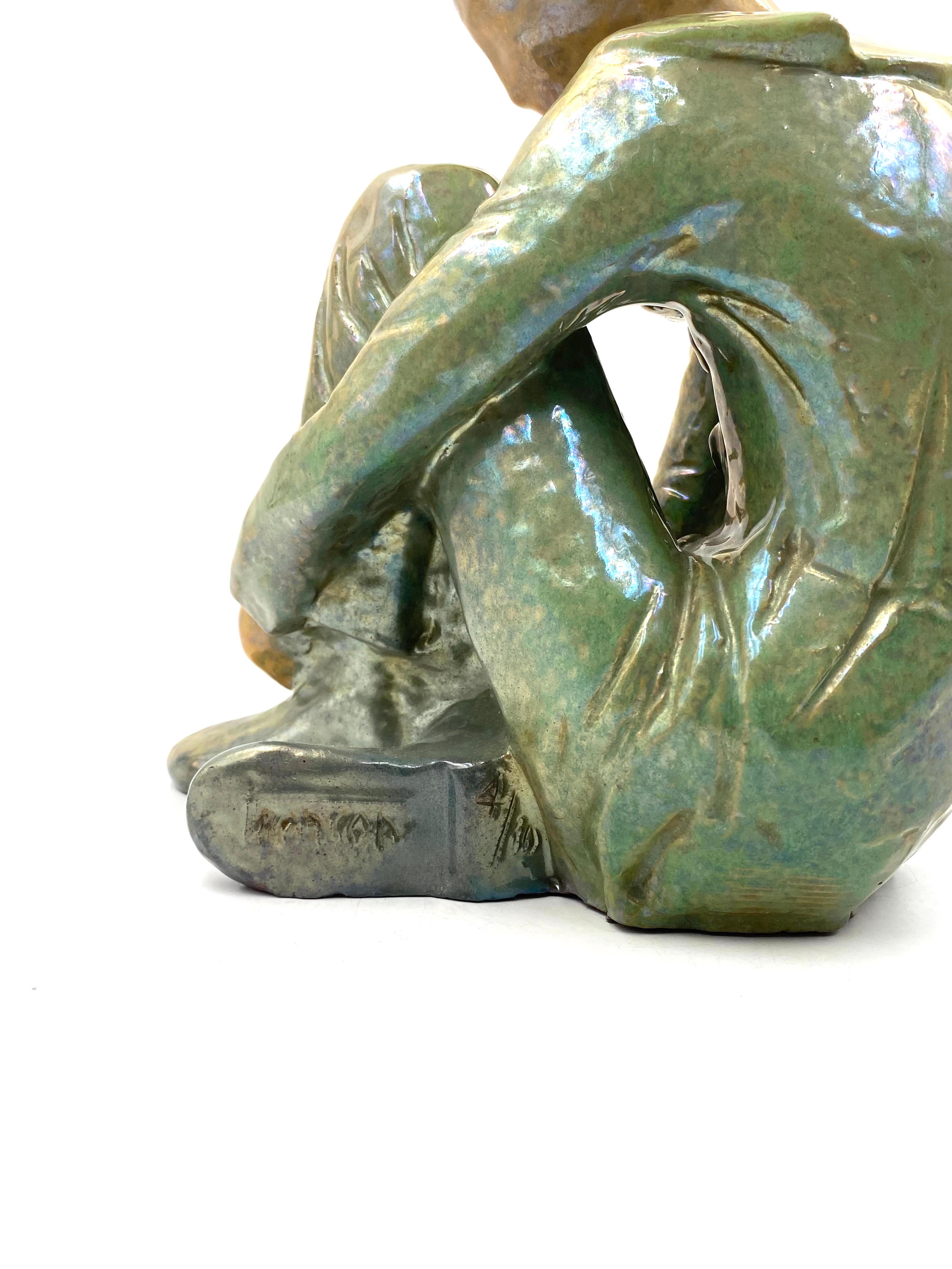 Ceramic green figure of Sitting boy, Giordano Tronconi, Faenza Italy, 1950s For Sale 11