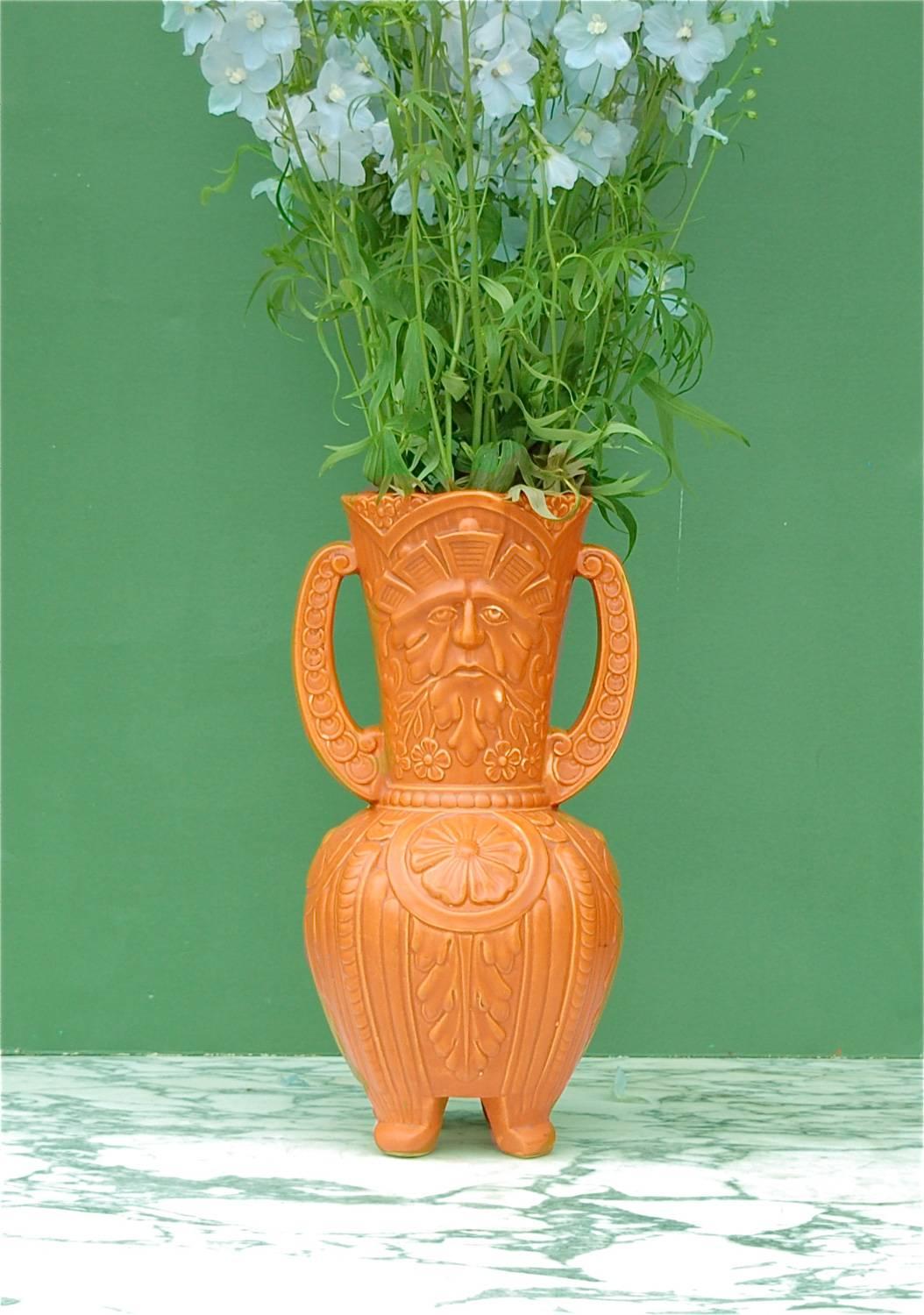 Arts and Crafts Ceramic Green Man Vase with Double Handle, Mid-20th Century For Sale