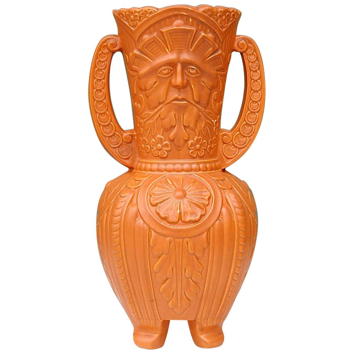 Ceramic Green Man Vase with Double Handle, Mid-20th Century For Sale