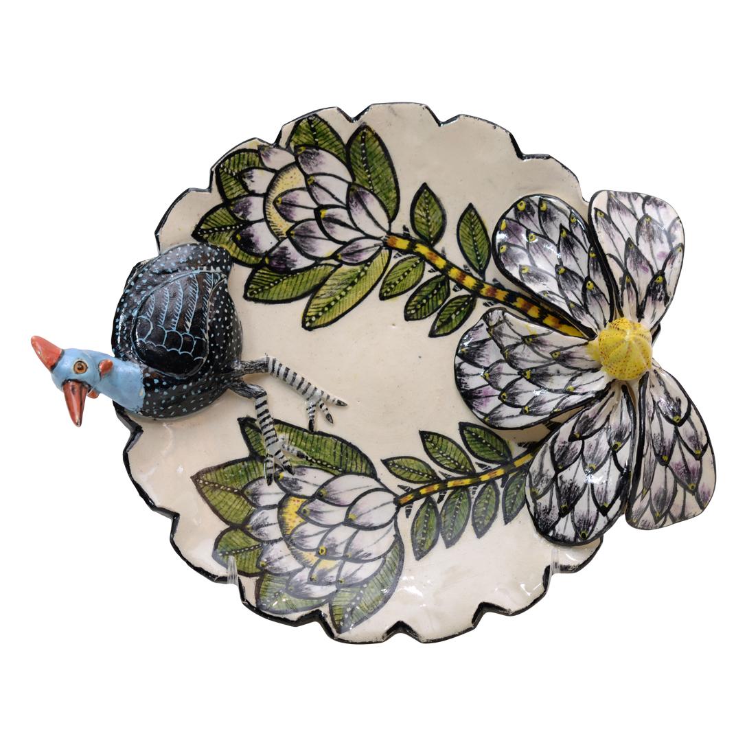 Fired Ceramic Guineafowl  Dish , hand made in South Africa For Sale