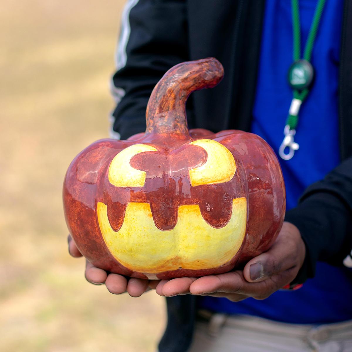 Contemporary Ceramic Halloween pumpkin sculpture, hand made in South Africa For Sale