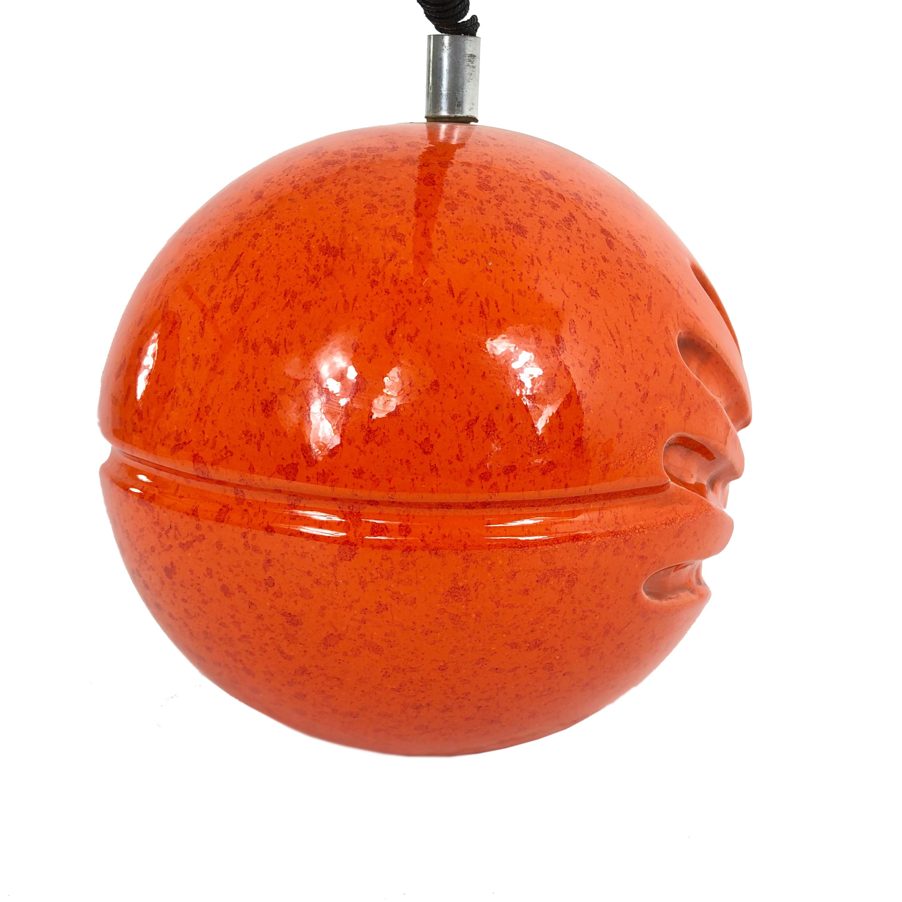 Mid-Century Modern Ceramic Hand Imprinted Orange Chandelier Pendant  Il Picchio, Italy, 1970s For Sale