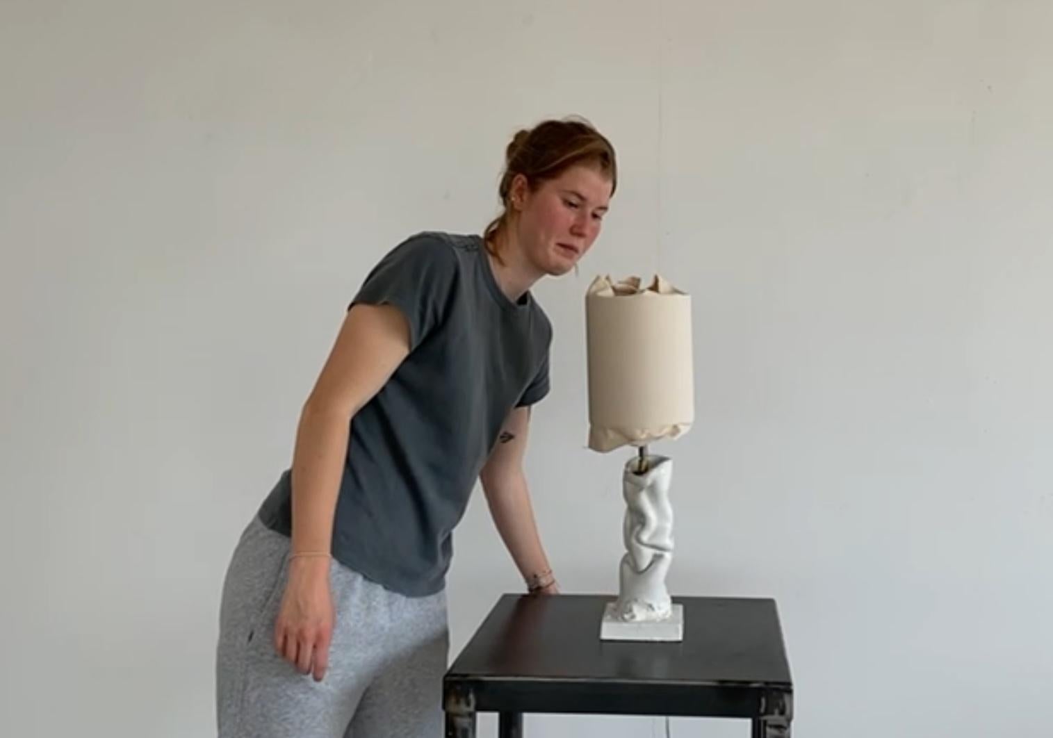 Post-Modern Ceramic hand made natural white table lamp with canvas shade For Sale