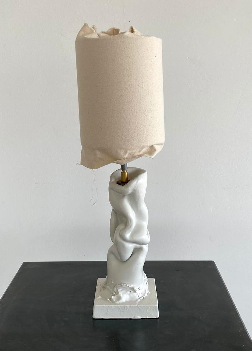 Hand-Carved Ceramic hand made natural white table lamp with canvas shade For Sale