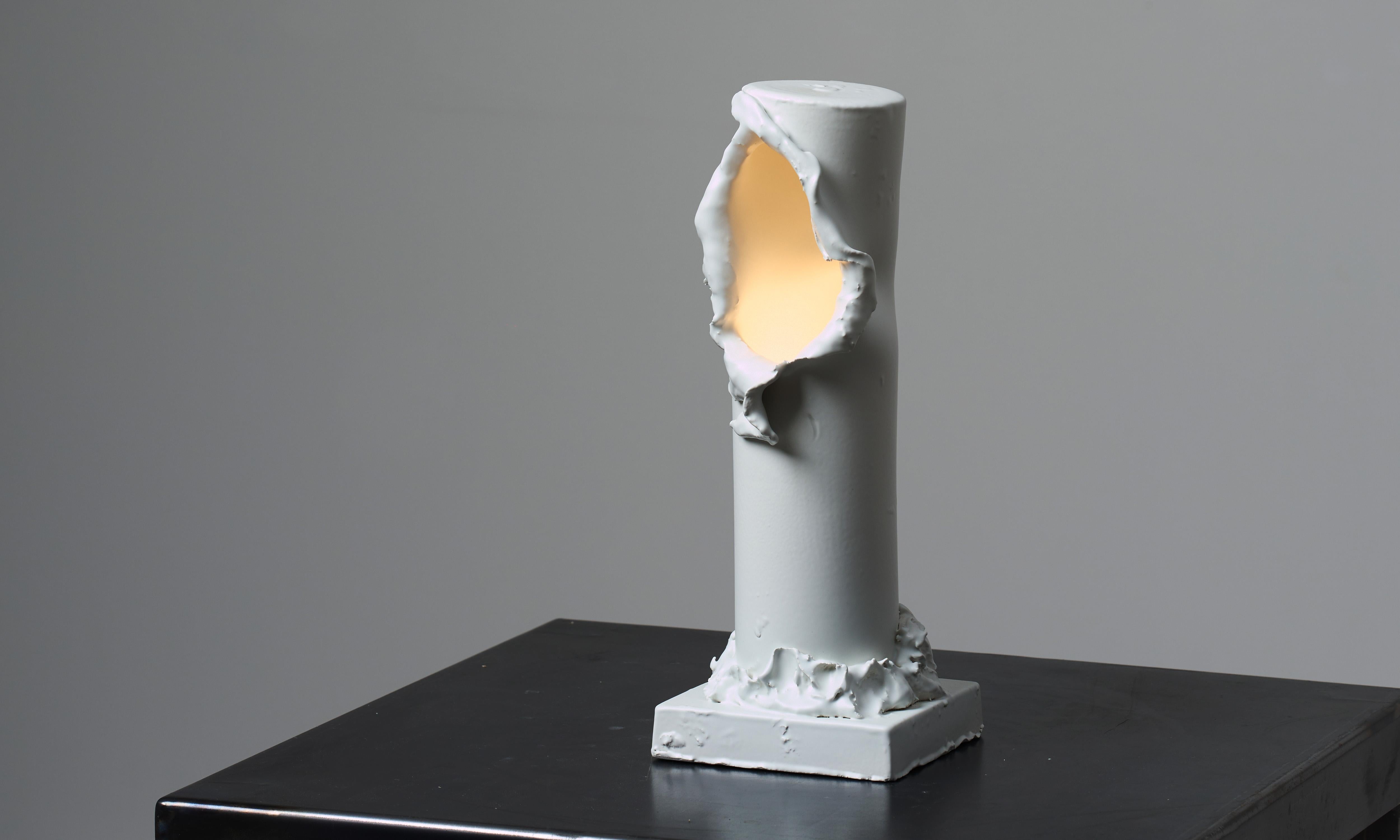Ceramic hand made natural white table lamp with canvas shade For Sale 2