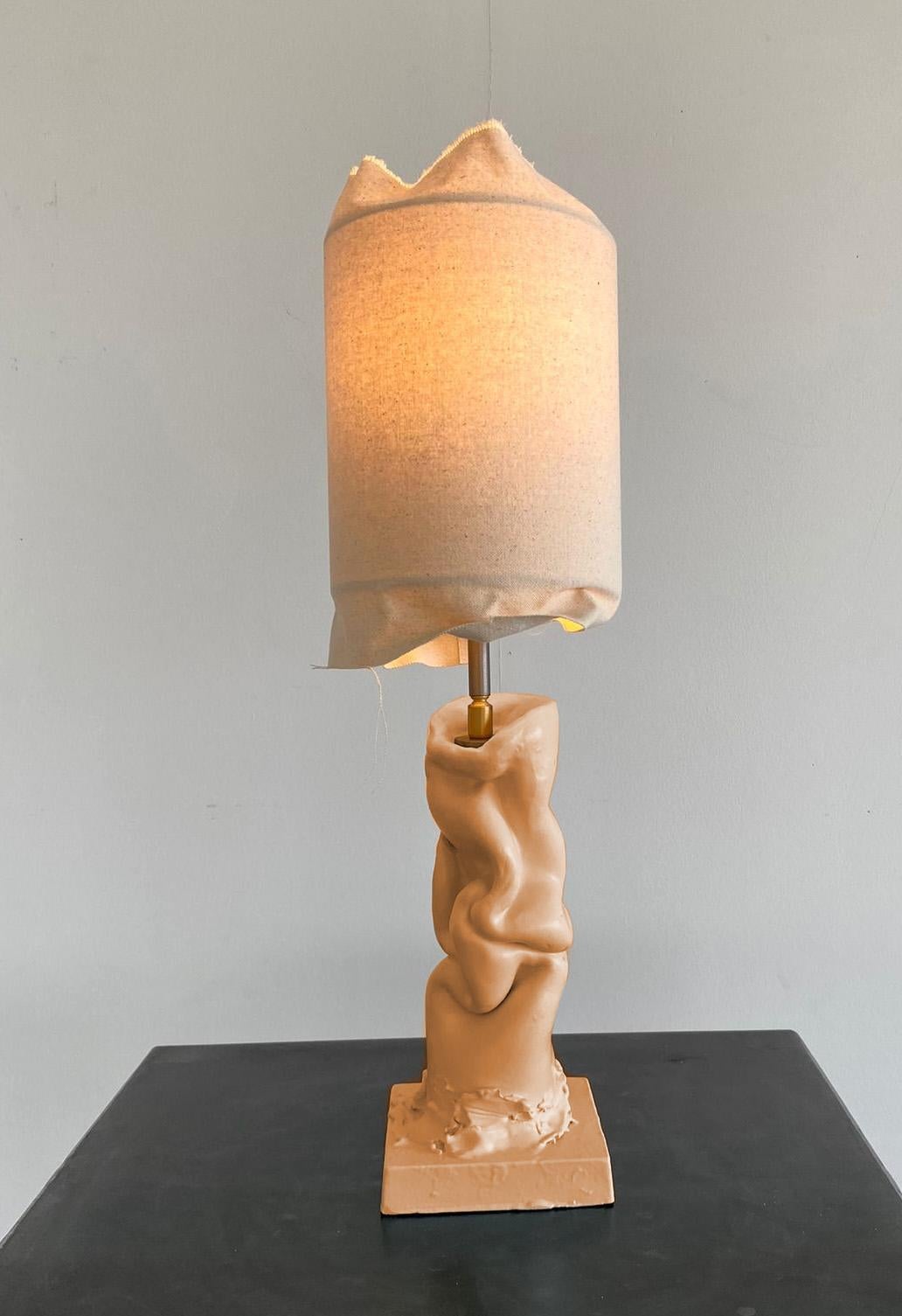 Contemporary Ceramic hand made natural white table lamp with canvas shade For Sale